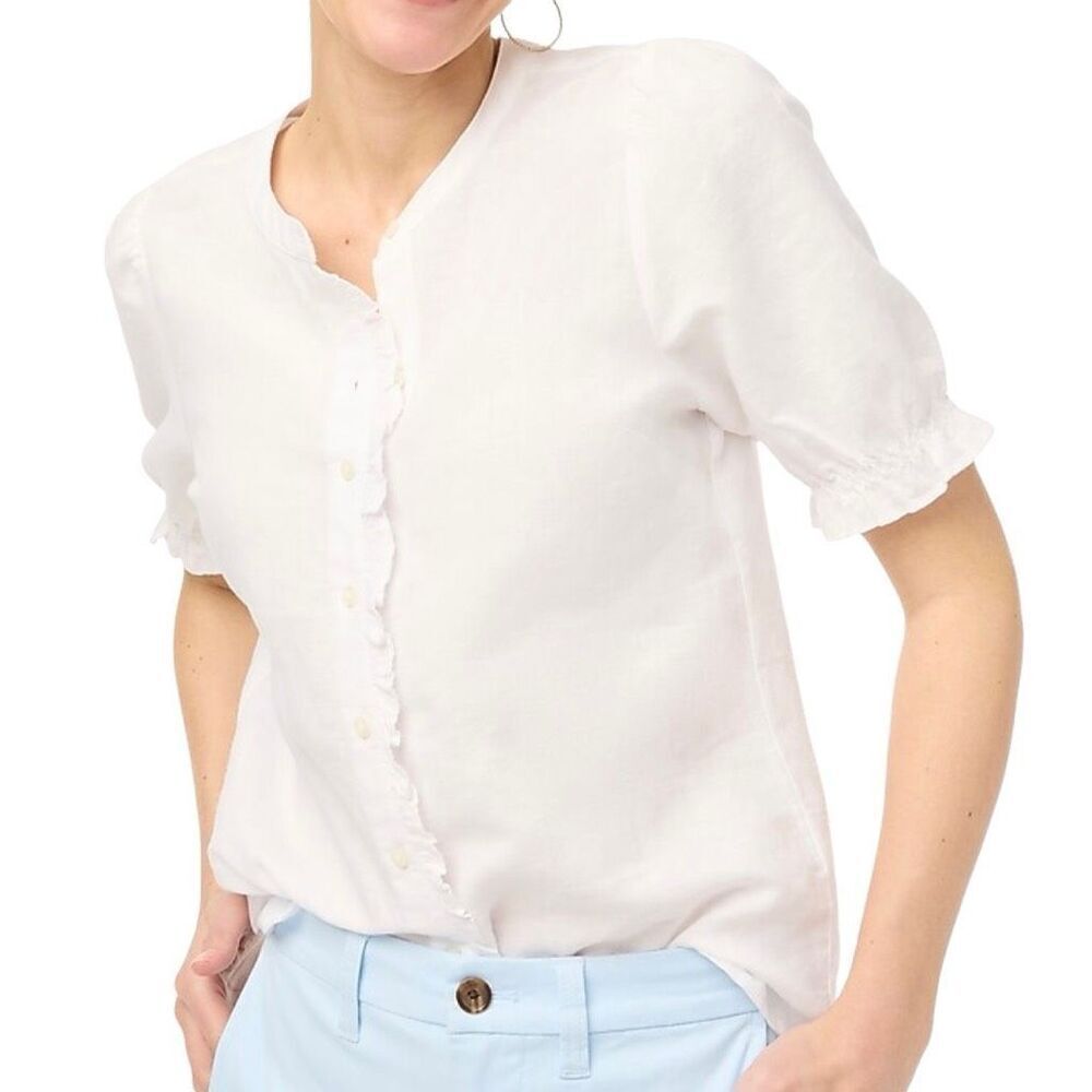 J Crew White Linen-Blend Puff Sleeve Ruffle Top